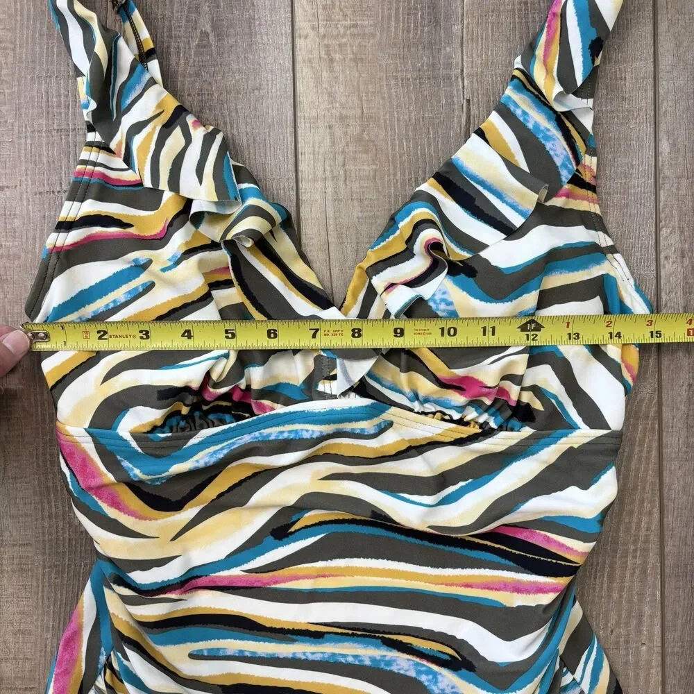DKNY Women Ruffle One Piece Swimsuit Size 12 Colorful Ruched Tummy Control Artsy - Picture 14 of 16